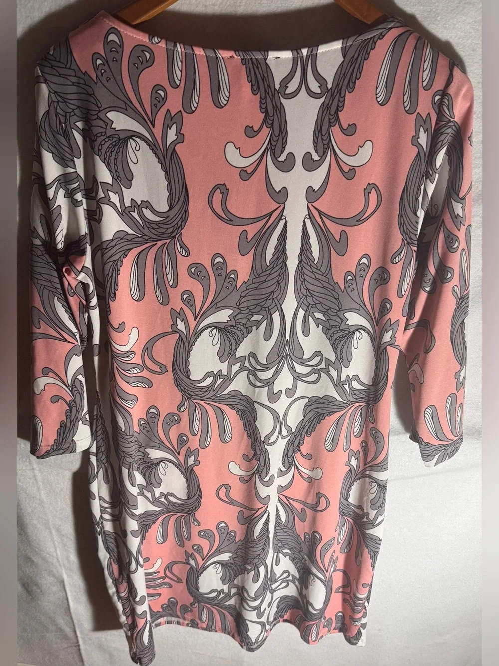 JBS Pink & Grey Paisley 3/4 Sleeve Dress – Metal Neck Detail – Size 10